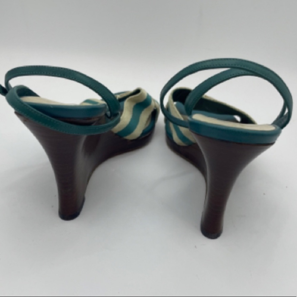 Gucci teal&beige stripe wedges w wooden heel sz 38 - Picture 3 of 4
